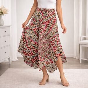 Chemault Multicolor Geometric Abstract Handkerchief Hem Midi Skirt Sz M